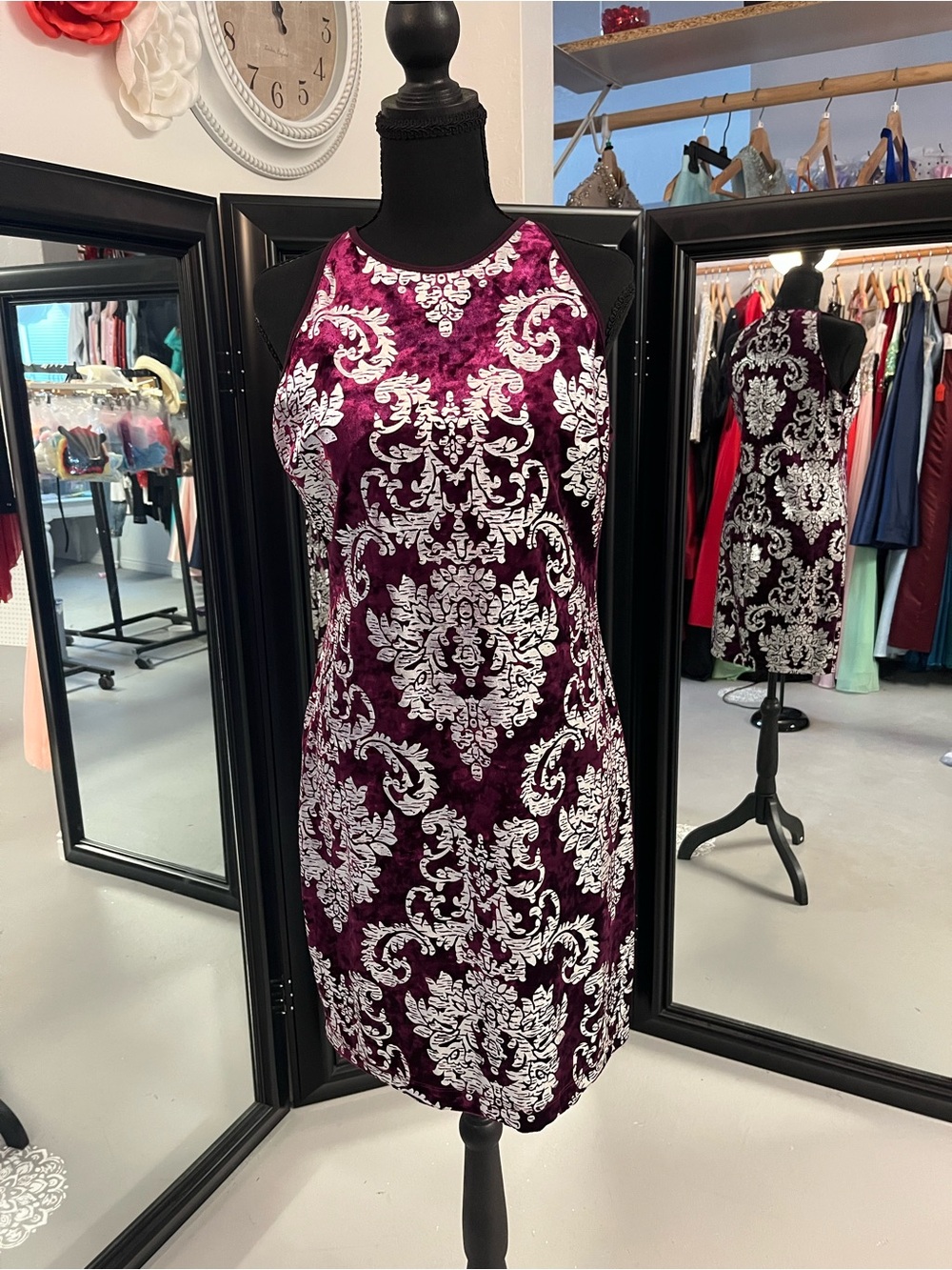 B Darlin Plum Velvet Mini Dress with Silver Damask
